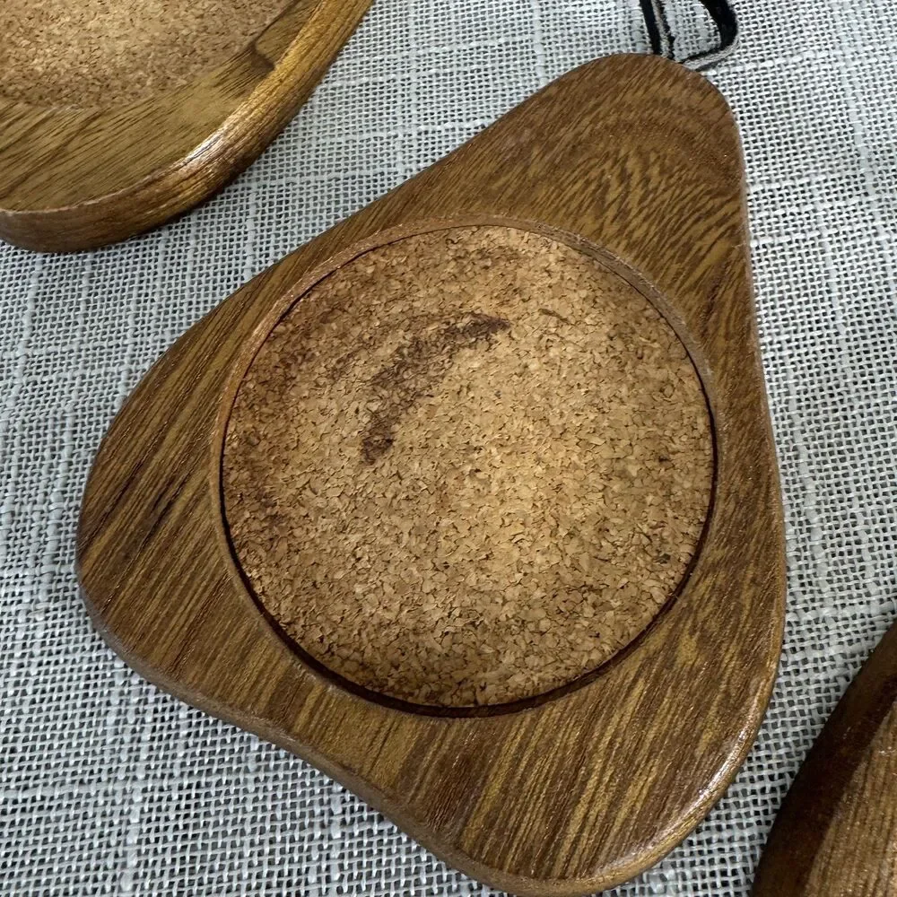 Vintage Wood Coasters Cork Center MCM Retro Pear Shaped Hanging Stand Set of 6